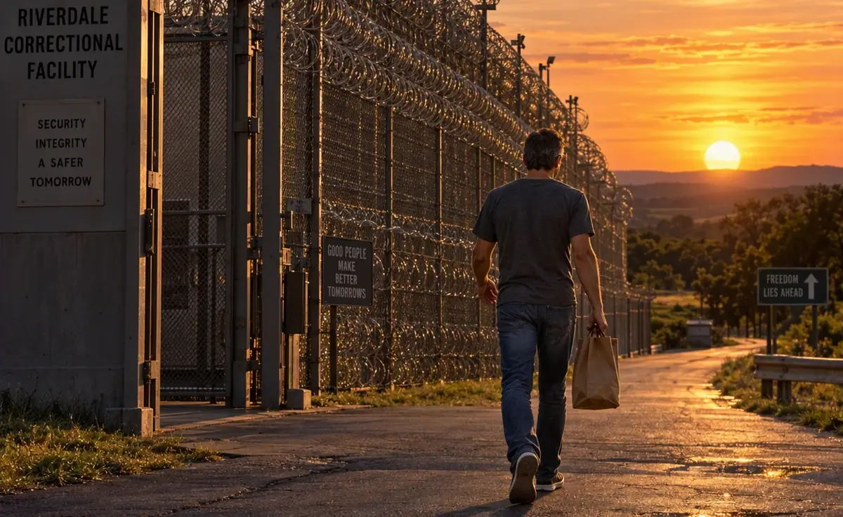 A man walking away from a prison gate at sunset, carrying a paper bag