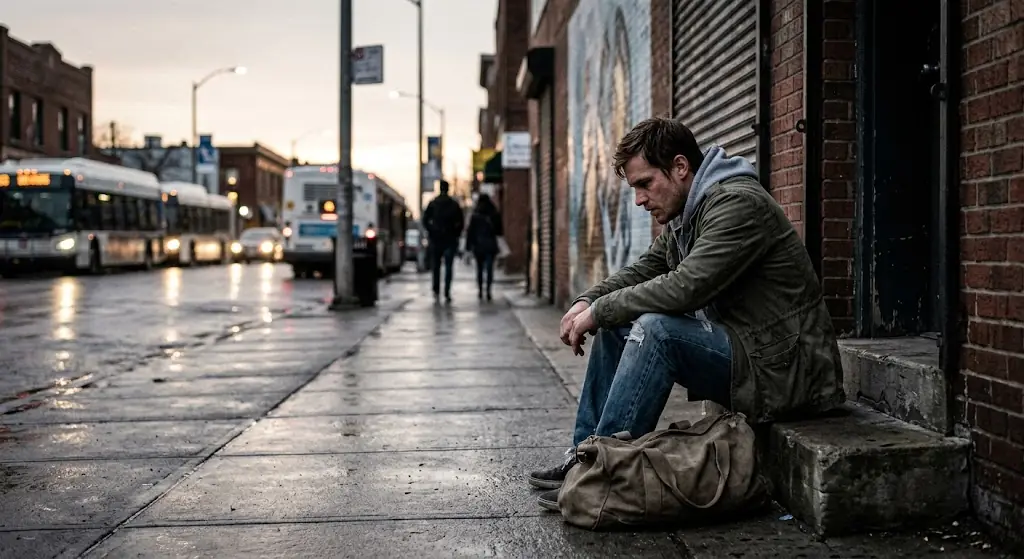 A man sitting alone on a city doorstep with his bag at his feet
